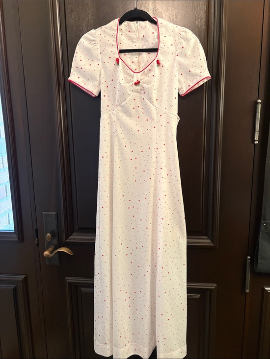 Vintage Dresses & Skirts - Vintage White Maxi Dress with Pink Dot Accents